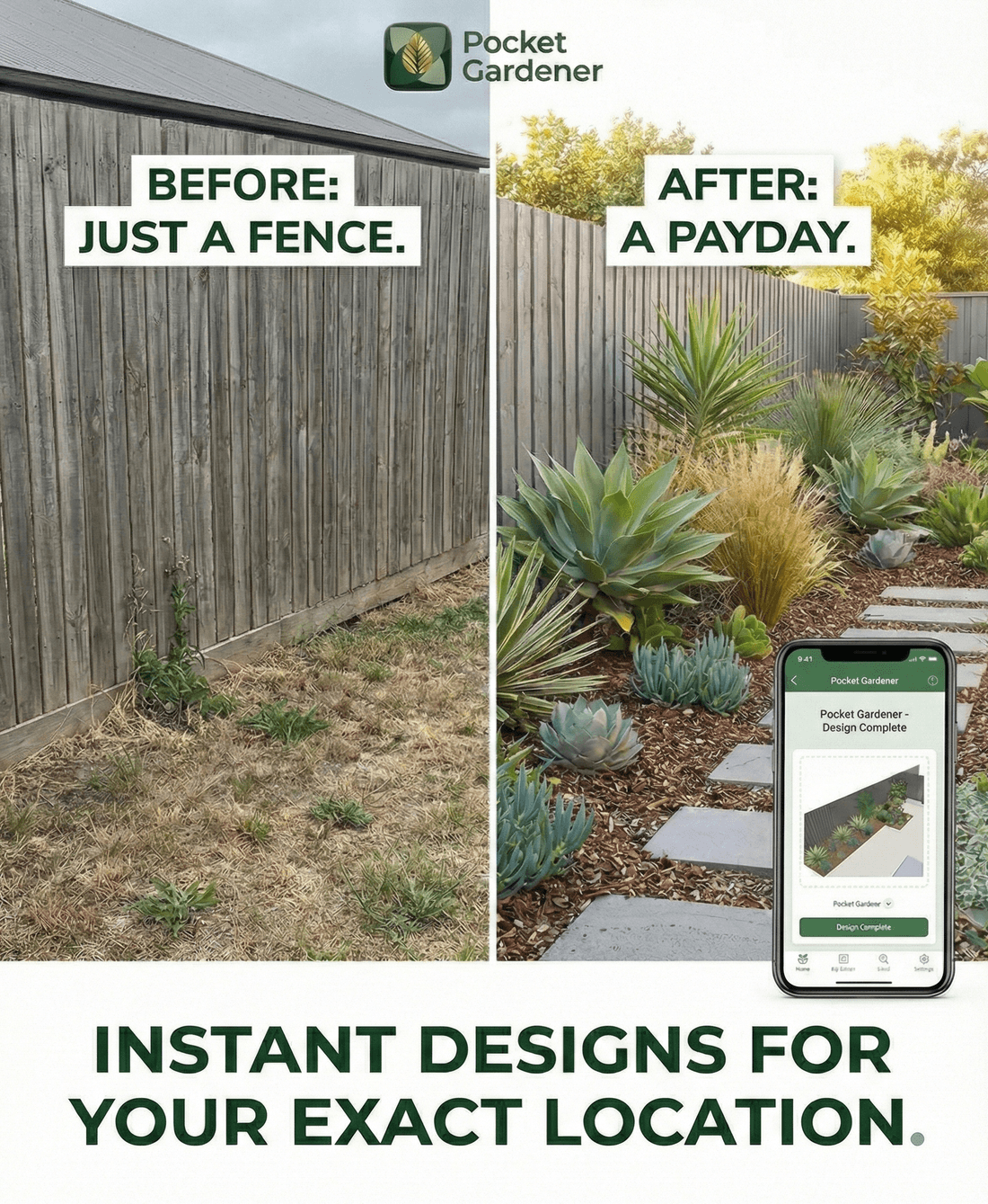 Pocket Gardener AI garden design before and after concept